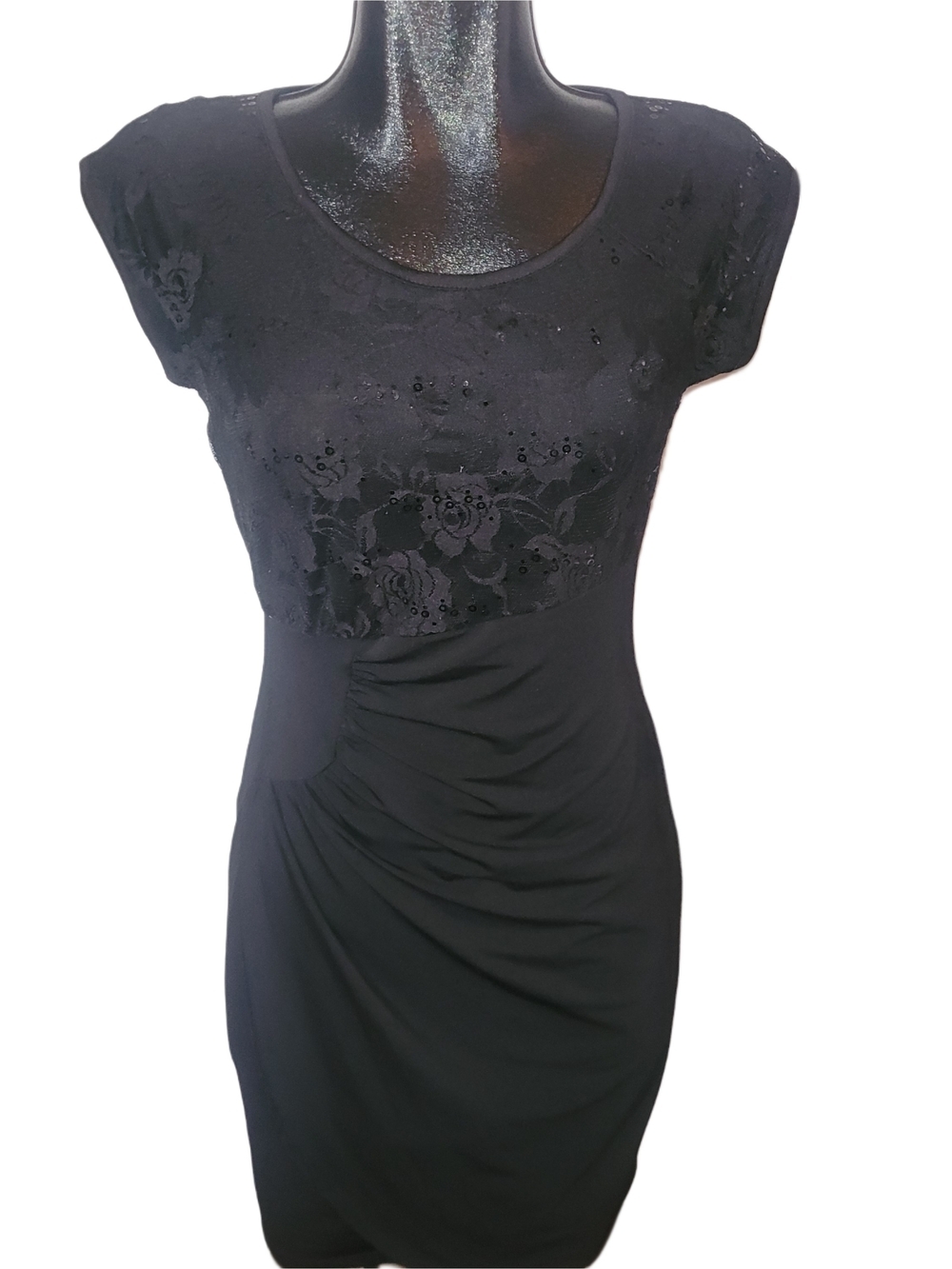 Black Short Cap-Sleeve Lace Bodice Sheath Dress Size XS